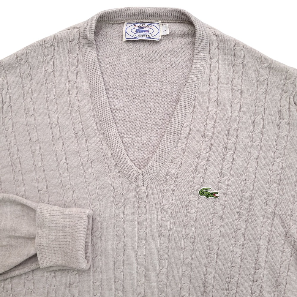 Izod Lacoste Sweater Men L Beige Orlon Cable Knit V Neck Pullover Vintage 70s